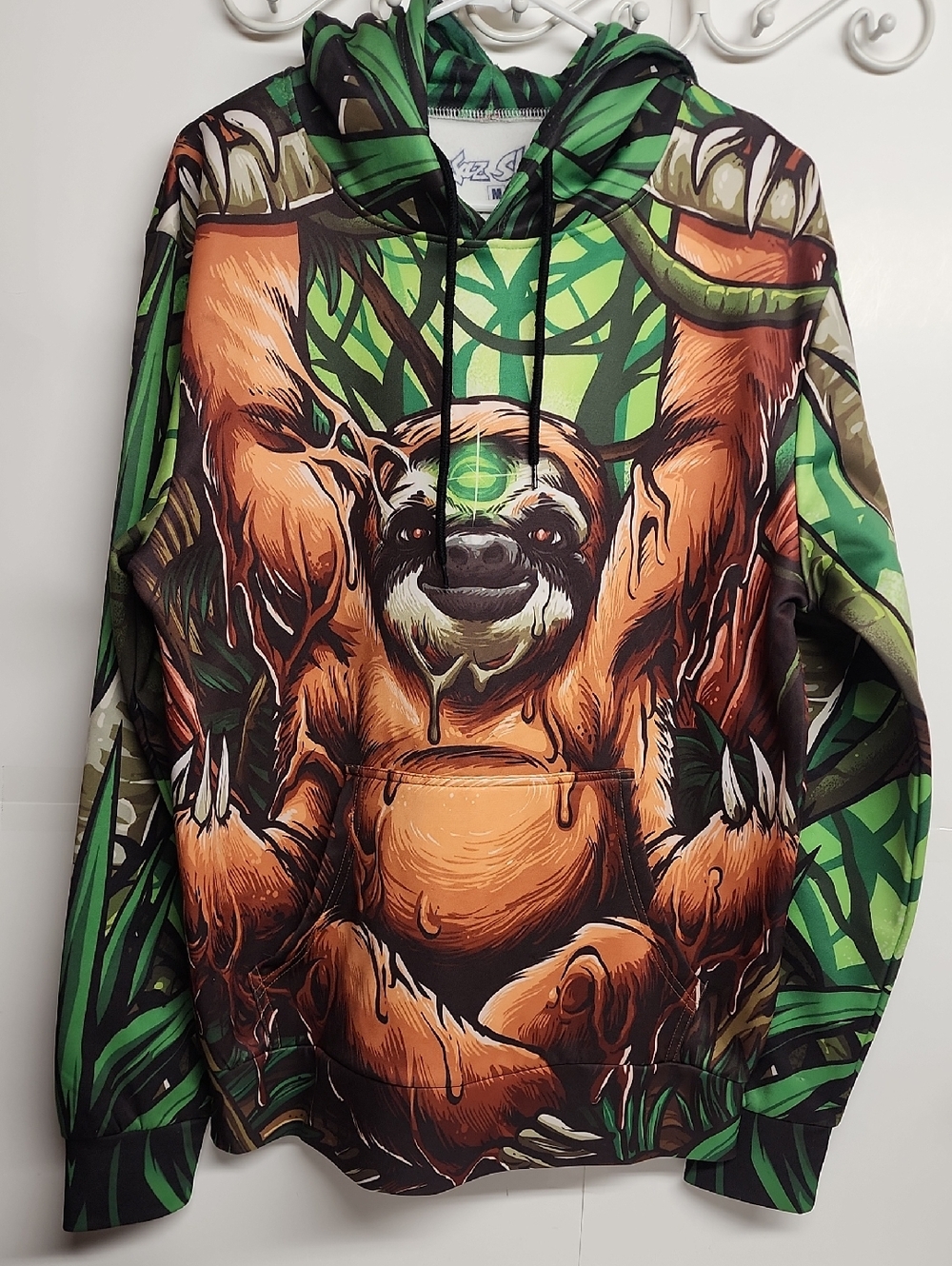Waz Shop Visionary Art & Apparel Graphic Sloth Hoodie in Green & Orange Size M